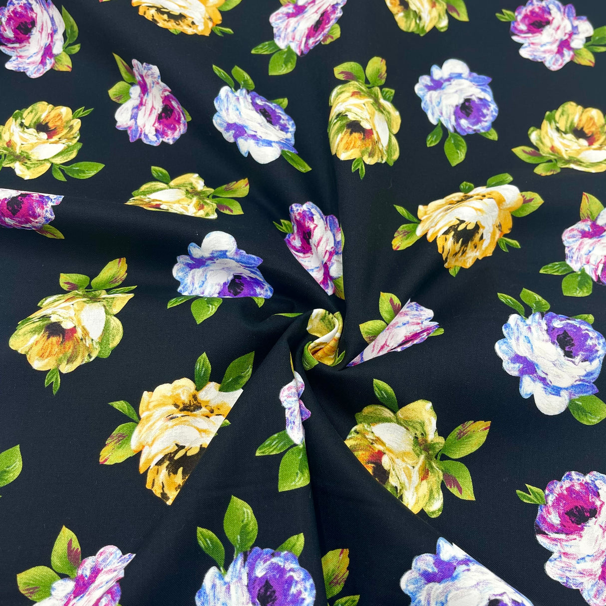 Rosa Floral – Perfect Painterly Blooms Cotton Quilting Fabric by Michael Miller MM-CX6887.Black