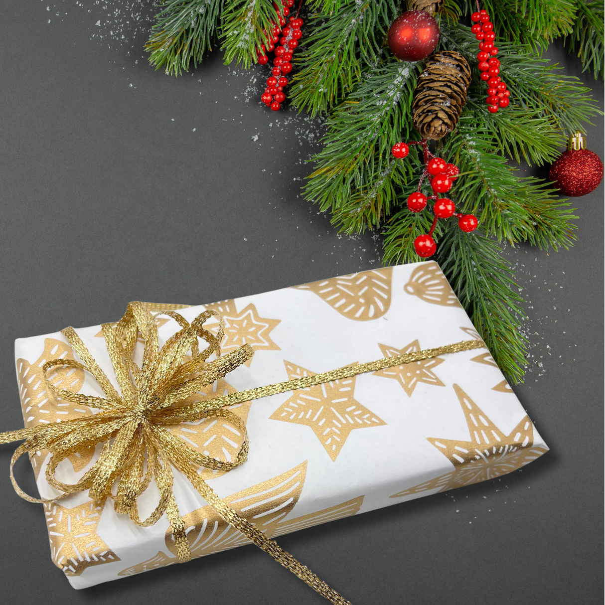 Xmas Gold Gift Wrapping Paper – 80gsm, 60cm Wide | Festive Christmas Wrap
