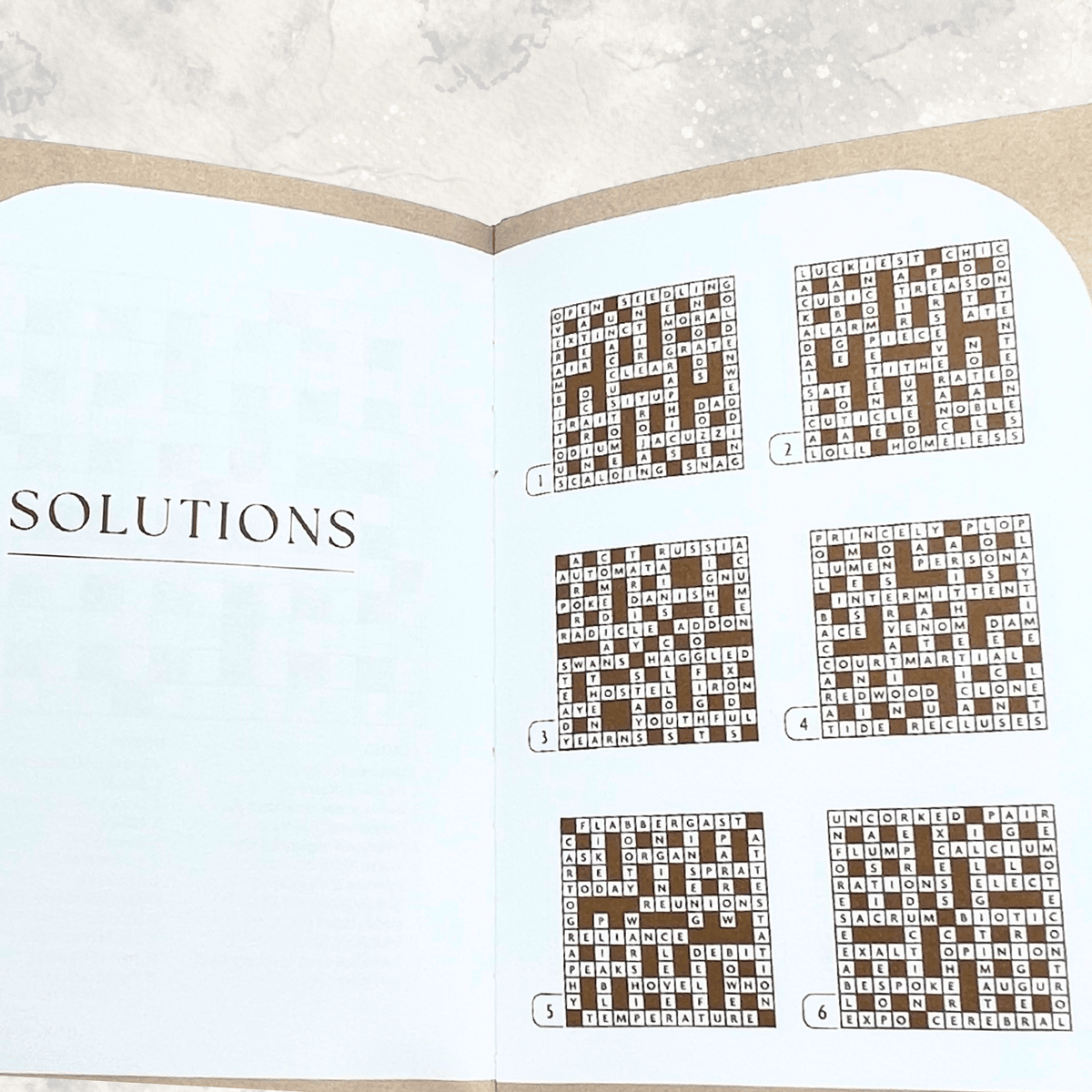 Open crossword puzzle book showing completed crossword grids in the solutions section