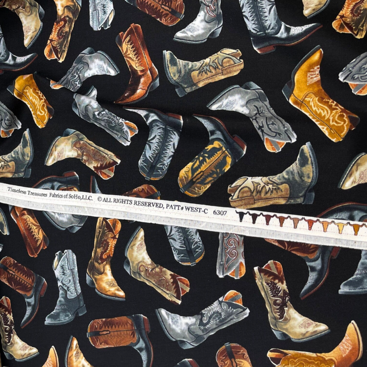 Cowboy Boots Black Fabric, Cotton Quilting Fabric, Timeless Treasures TT-C6307.Black