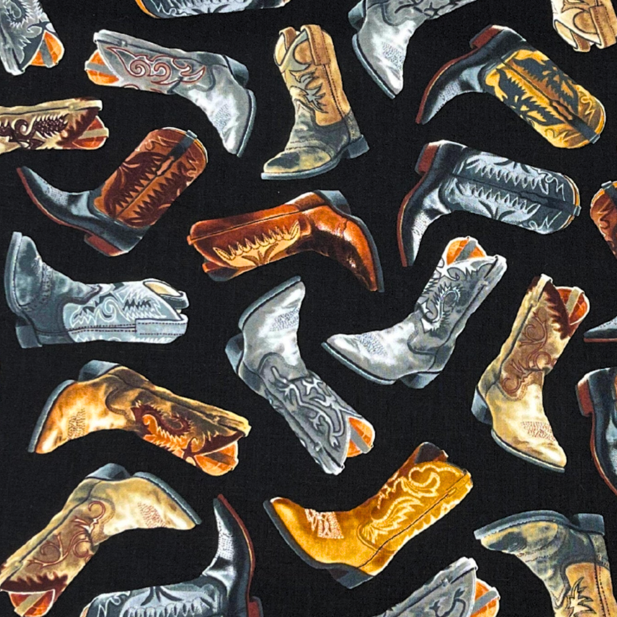 Cowboy Boots Black Fabric, Cotton Quilting Fabric, Timeless Treasures TT-C6307.Black