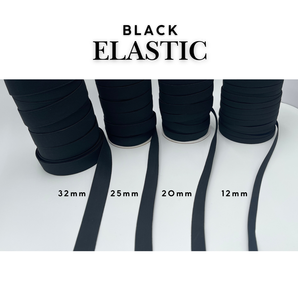Black elastic bands with measurements on a white background