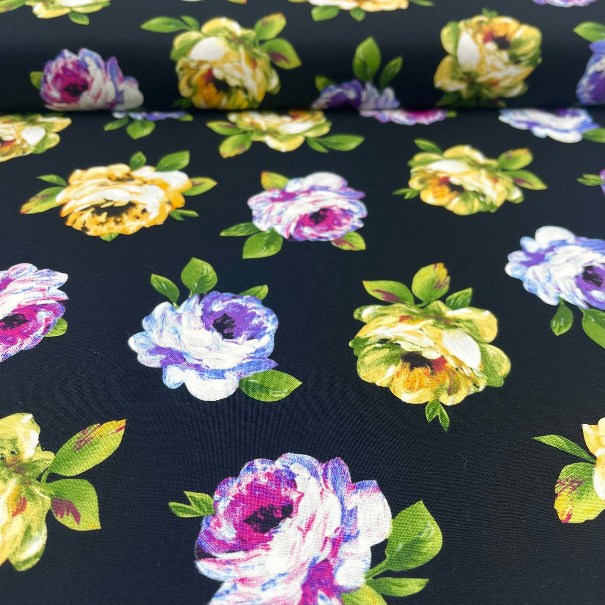 Rosa Floral – Perfect Painterly Blooms Cotton Quilting Fabric by Michael Miller MM-CX6887.Black
