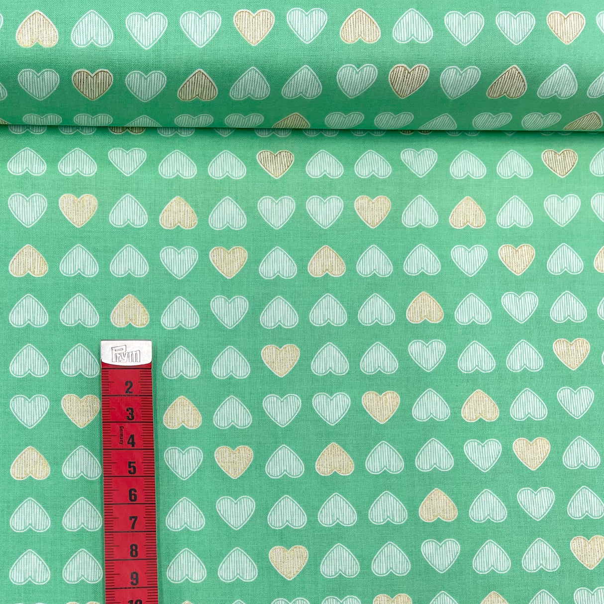 Heart of Gold – Clover Green Fabric, Gold Metallic Hearts – Michael Miller