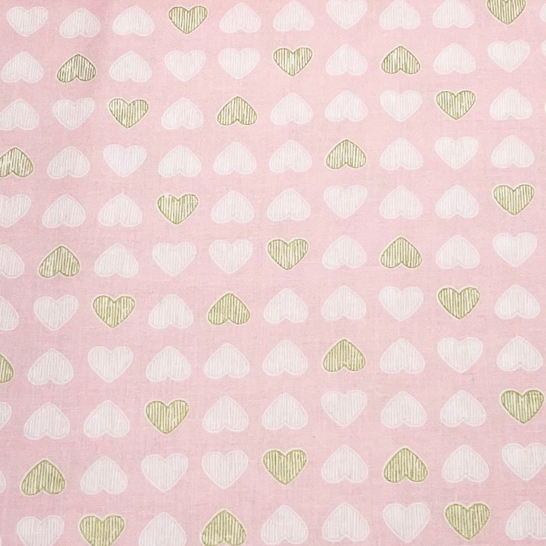 Heart of Gold, Blossom Pink fabric, Gold metallic Hearts by Michael Miller Fabrics