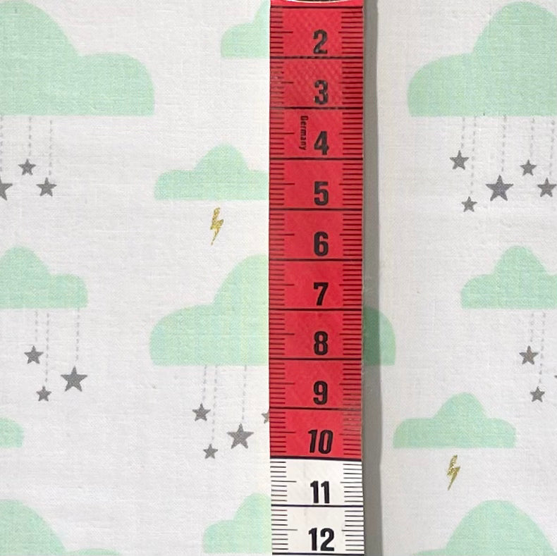 Swinging on a Star – Seafoam Clouds Fabric, Gold Metallic Stars – Michael Miller