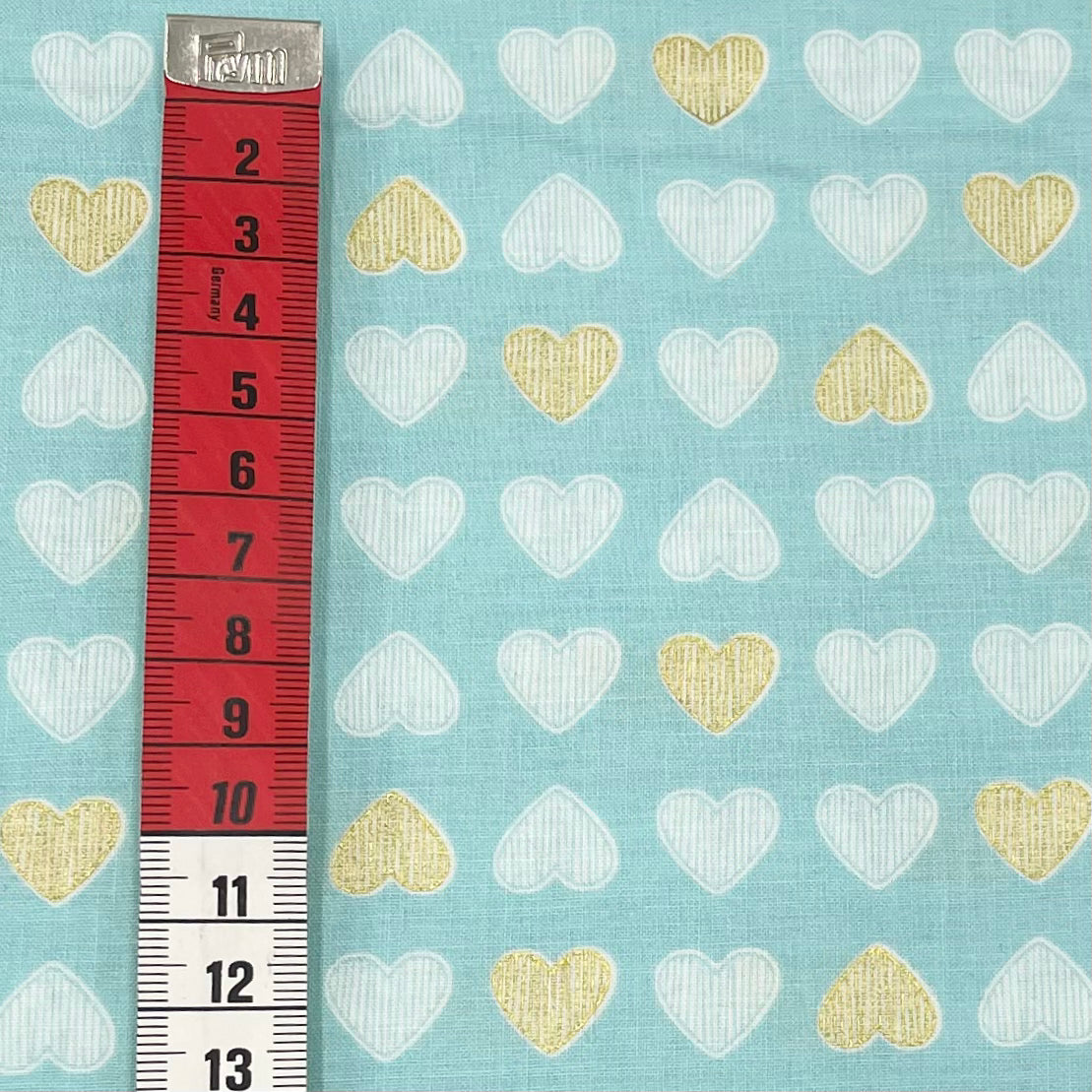 Heart of Gold – Mist Fabric, Gold Metallic Hearts – Michael Miller