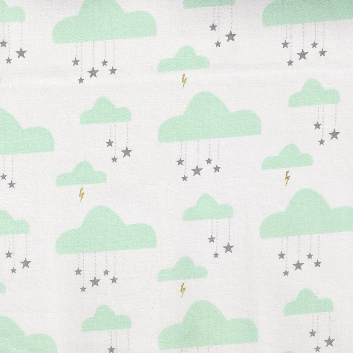 Swinging on a Star – Seafoam Clouds Fabric, Gold Metallic Stars – Michael Miller