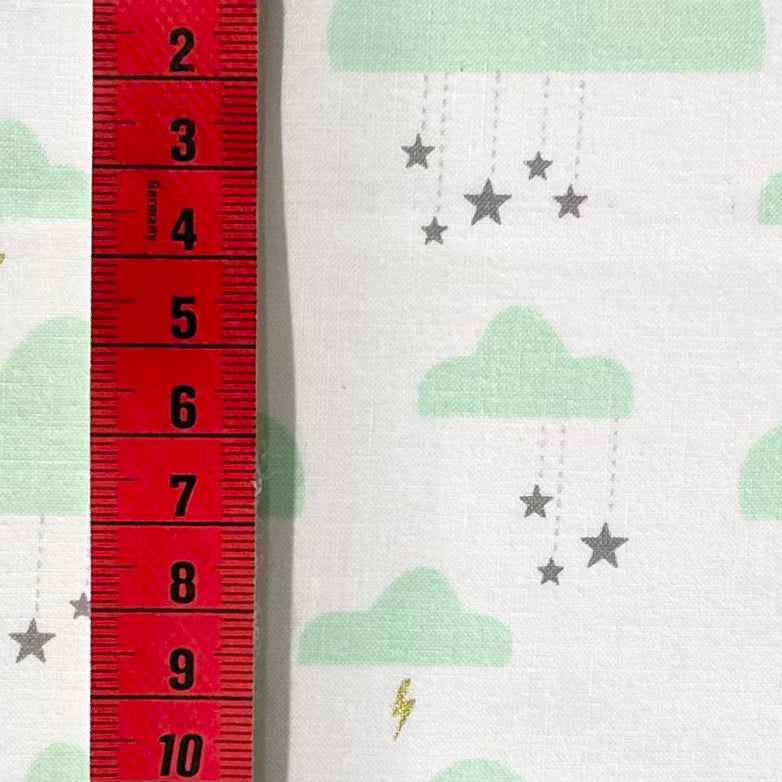 Swinging on a Star – Seafoam Clouds Fabric, Gold Metallic Stars – Michael Miller