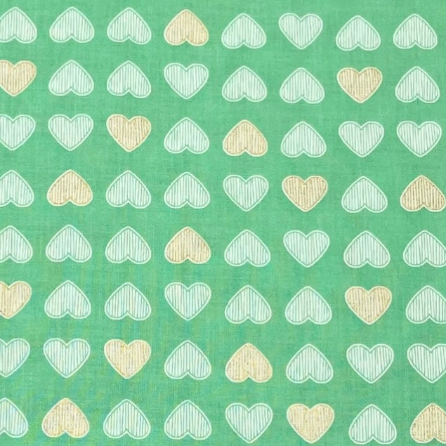 Heart of Gold – Clover Green Fabric, Gold Metallic Hearts – Michael Miller