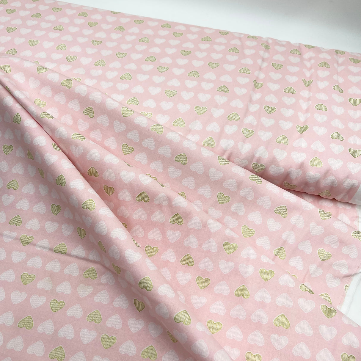 Heart of Gold, Blossom Pink fabric, Gold metallic Hearts by Michael Miller Fabrics