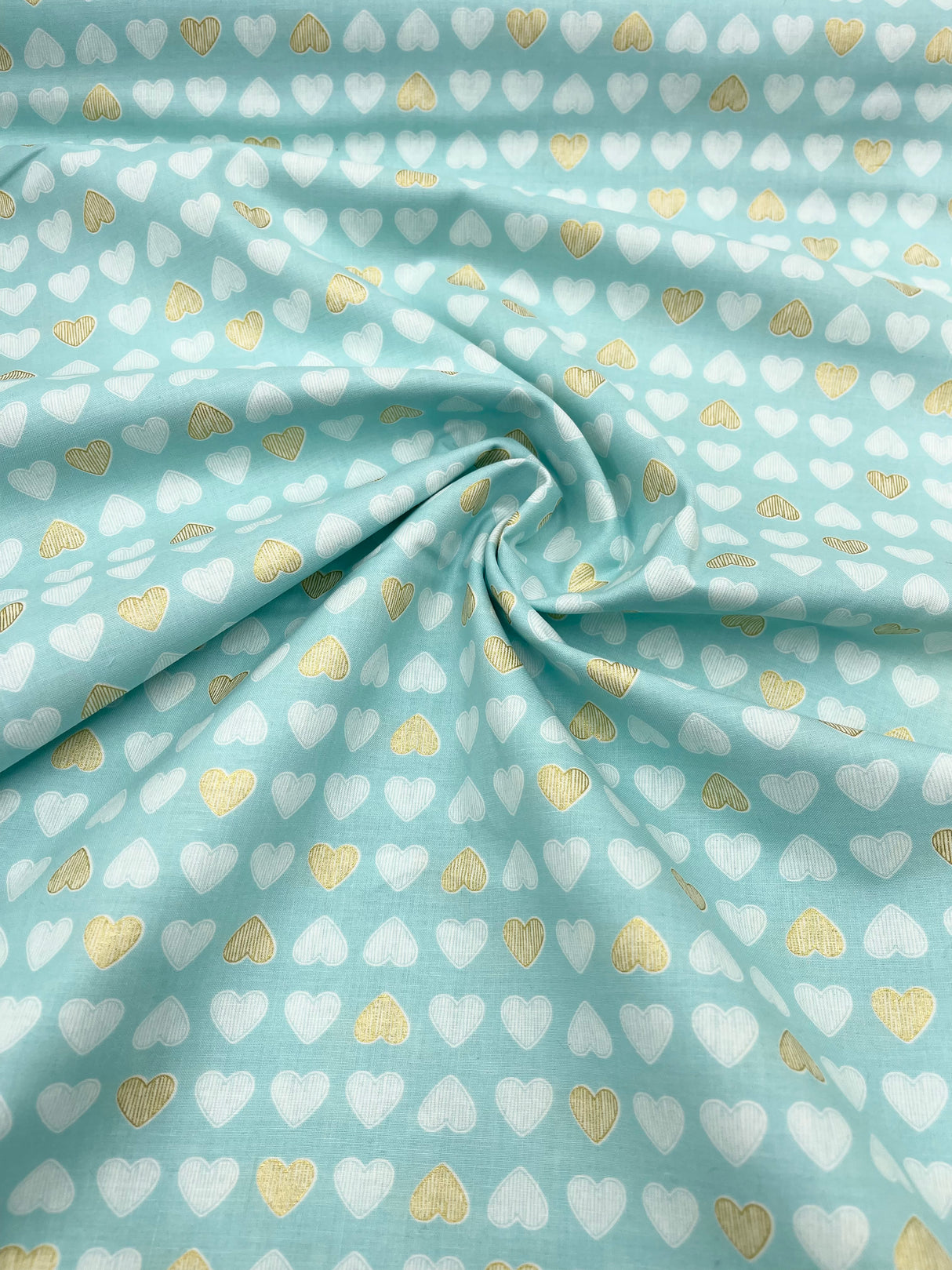 Heart of Gold – Mist Fabric, Gold Metallic Hearts – Michael Miller