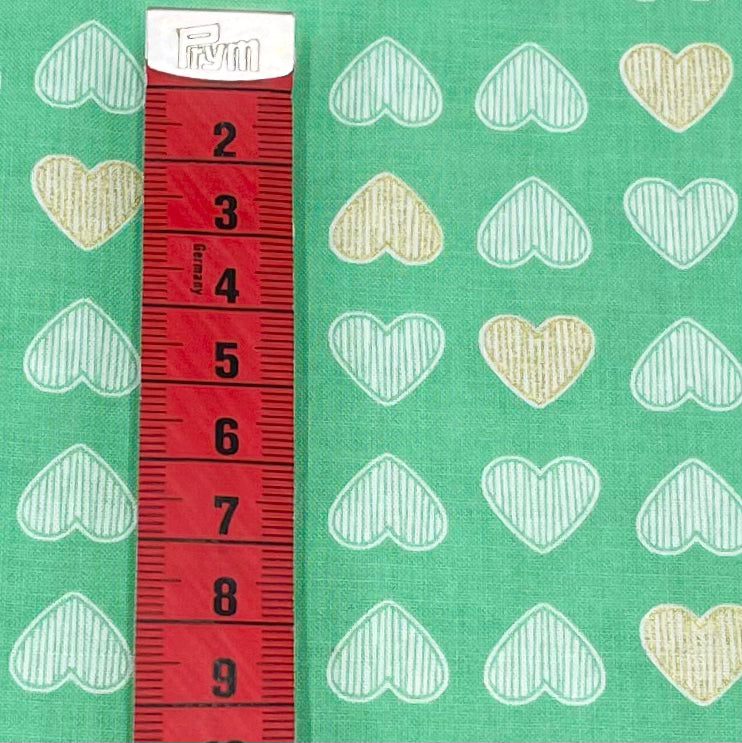 Heart of Gold – Clover Green Fabric, Gold Metallic Hearts – Michael Miller