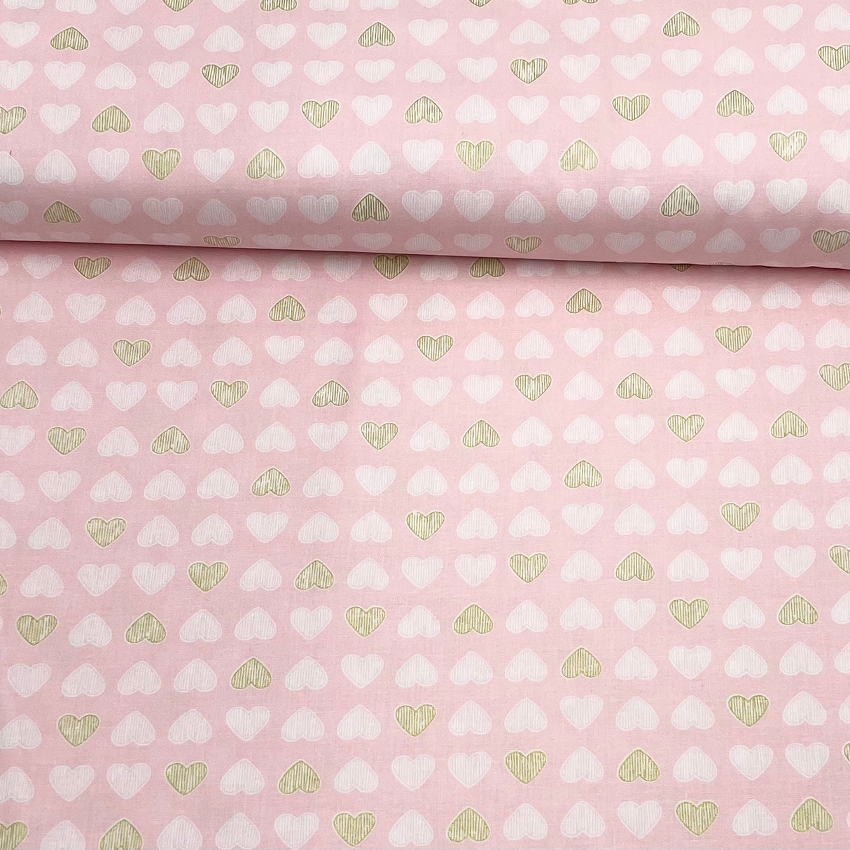Heart of Gold, Blossom Pink fabric, Gold metallic Hearts by Michael Miller Fabrics
