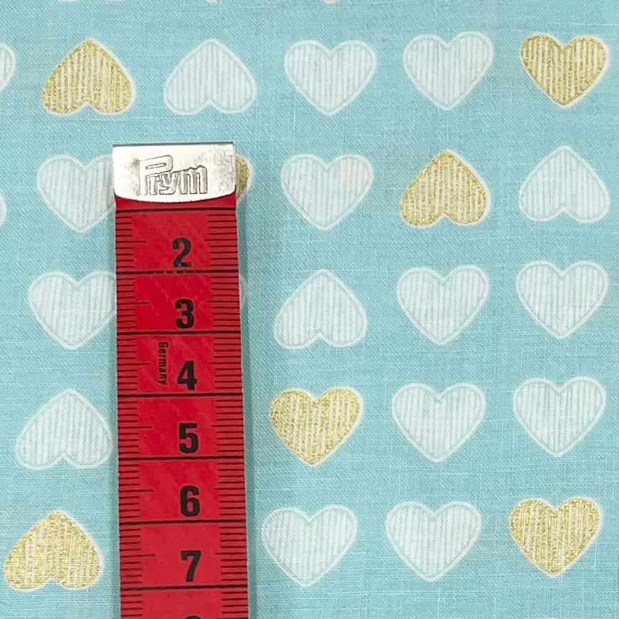 Heart of Gold – Mist Fabric, Gold Metallic Hearts – Michael Miller