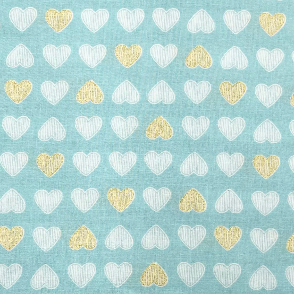 Heart of Gold – Mist Fabric, Gold Metallic Hearts – Michael Miller