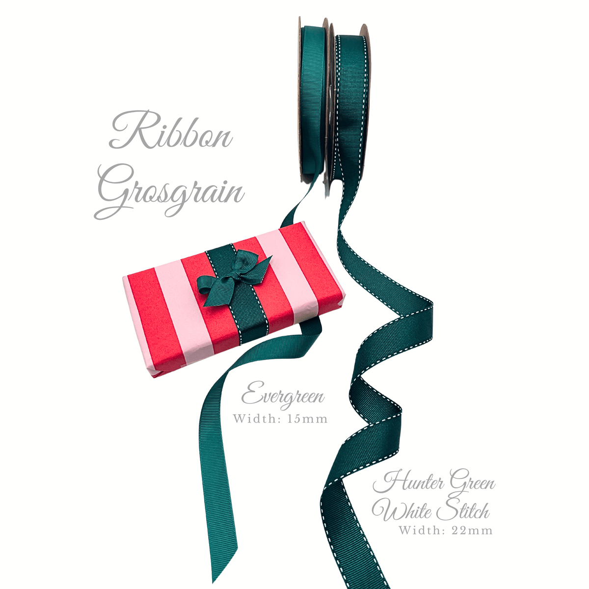 Evergreen 15mm grosgrain ribbon and Hunter Green 22mm white stitched grosgrain ribbon displayed with a red and pink striped wrapped gift