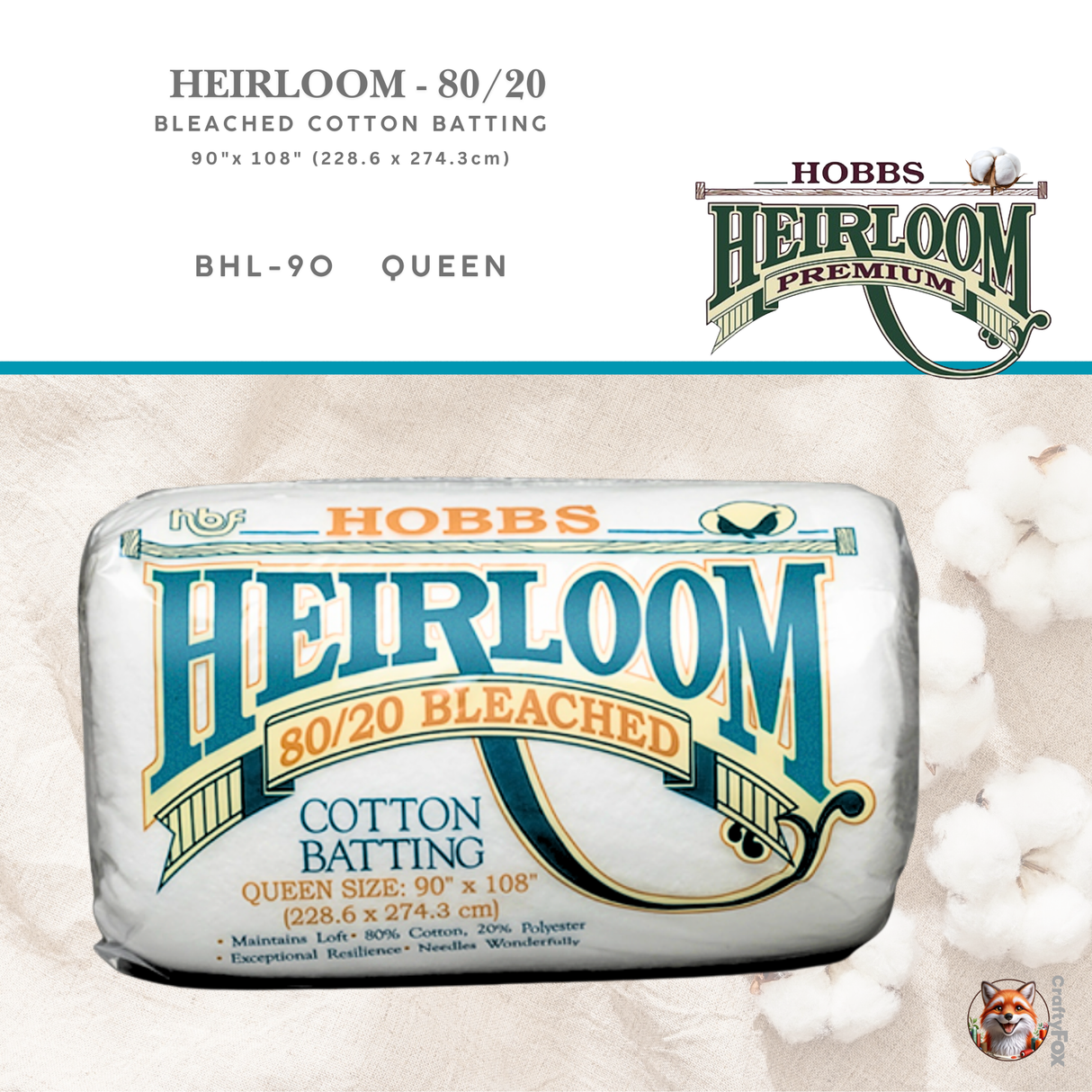 Hobbs Heirloom® 80/20 Bleached Cotton Blend Batting – Queen (BHL-90)