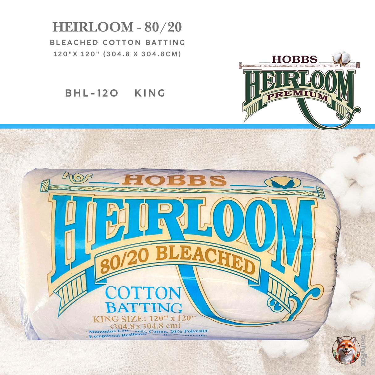 Hobbs Heirloom® 80/20 Bleached Cotton Blend Batting – King (BHL-120)