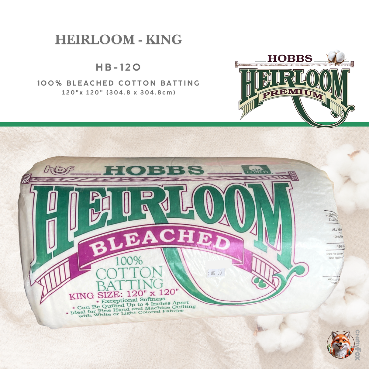 Hobbs Heirloom® 100% Bleached Cotton Batting – King HB-120