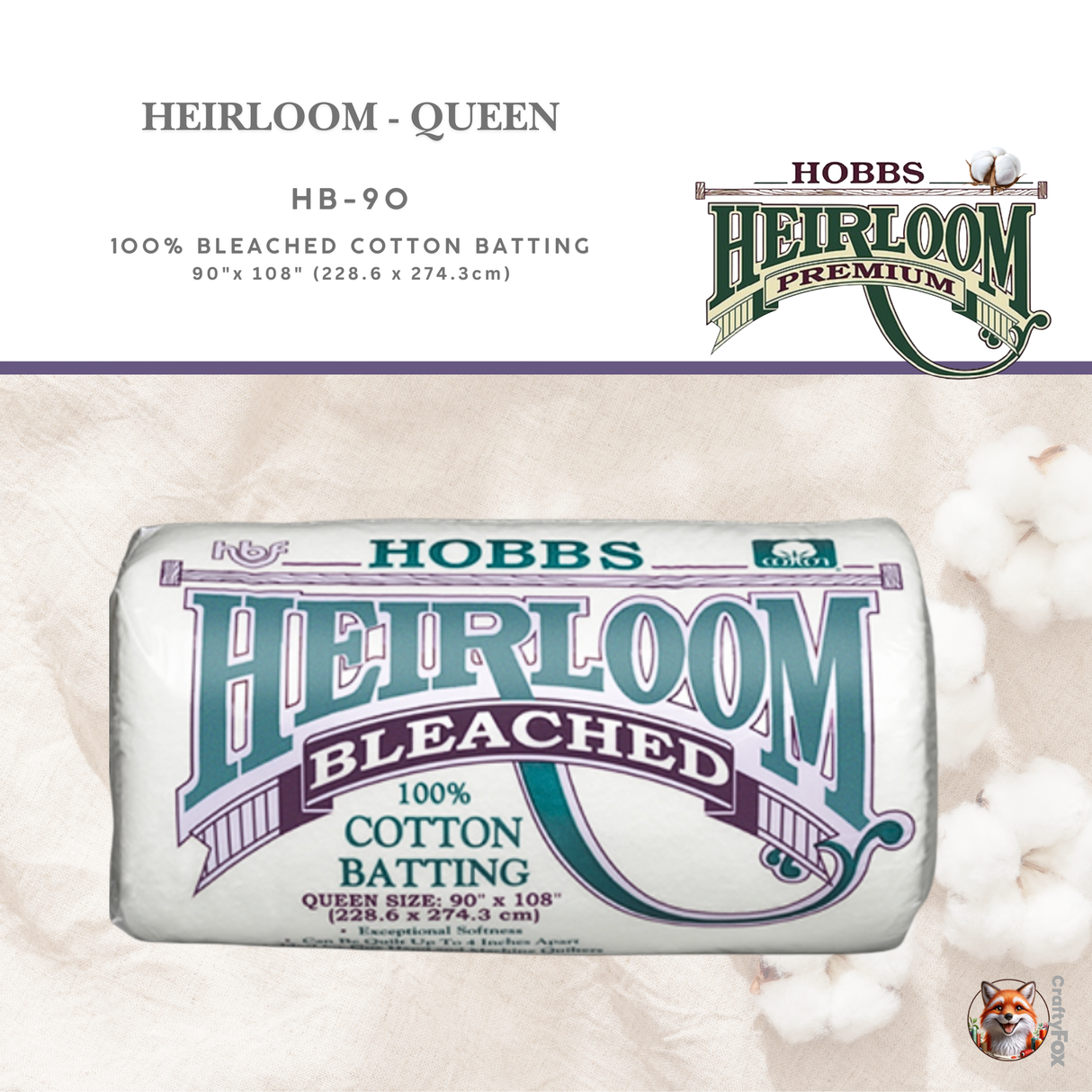 Hobbs Heirloom® 100% Bleached Cotton Batting - Queen HB-90