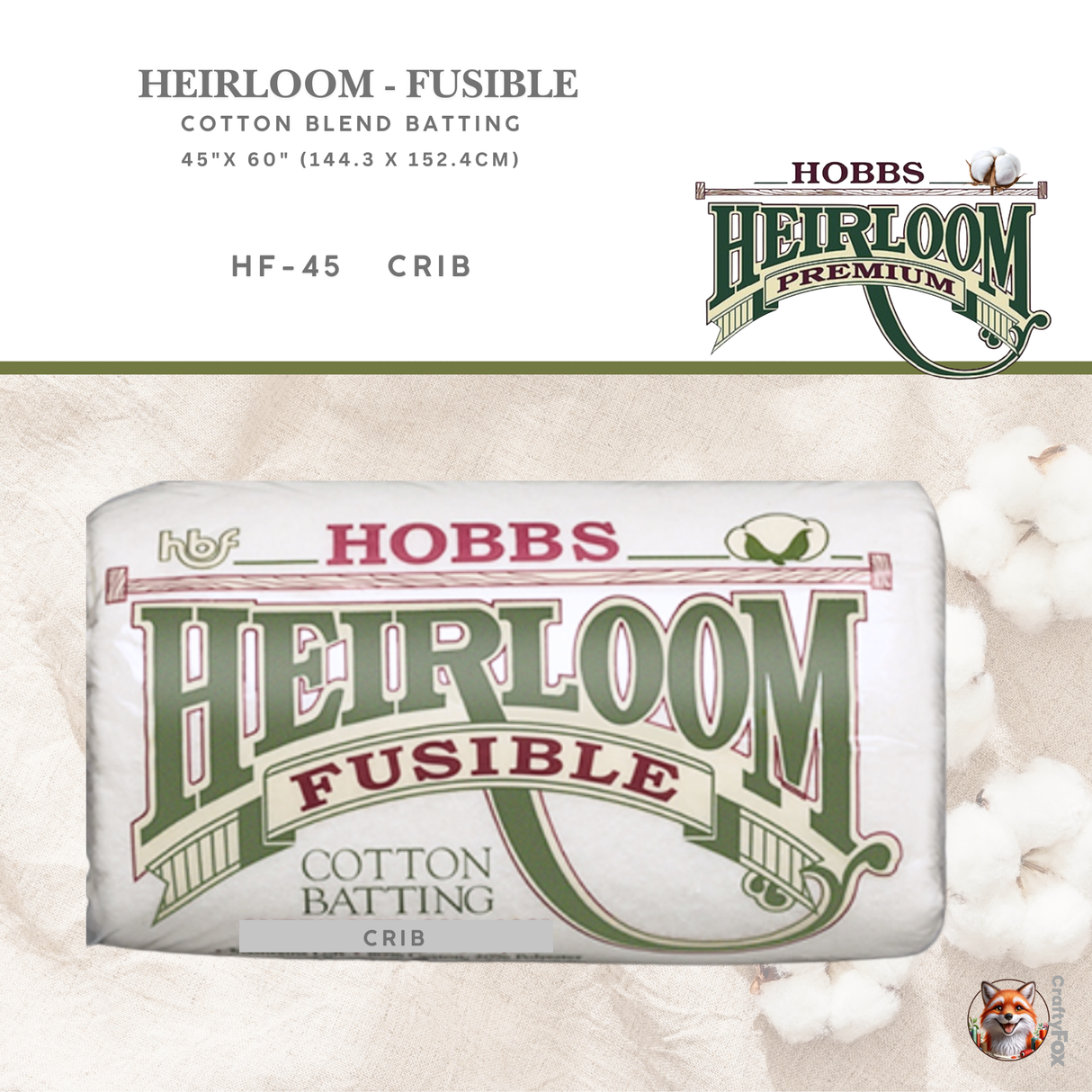 Hobbs Heirloom® Fusible Cotton Blend Batting – Crib (HF-45)