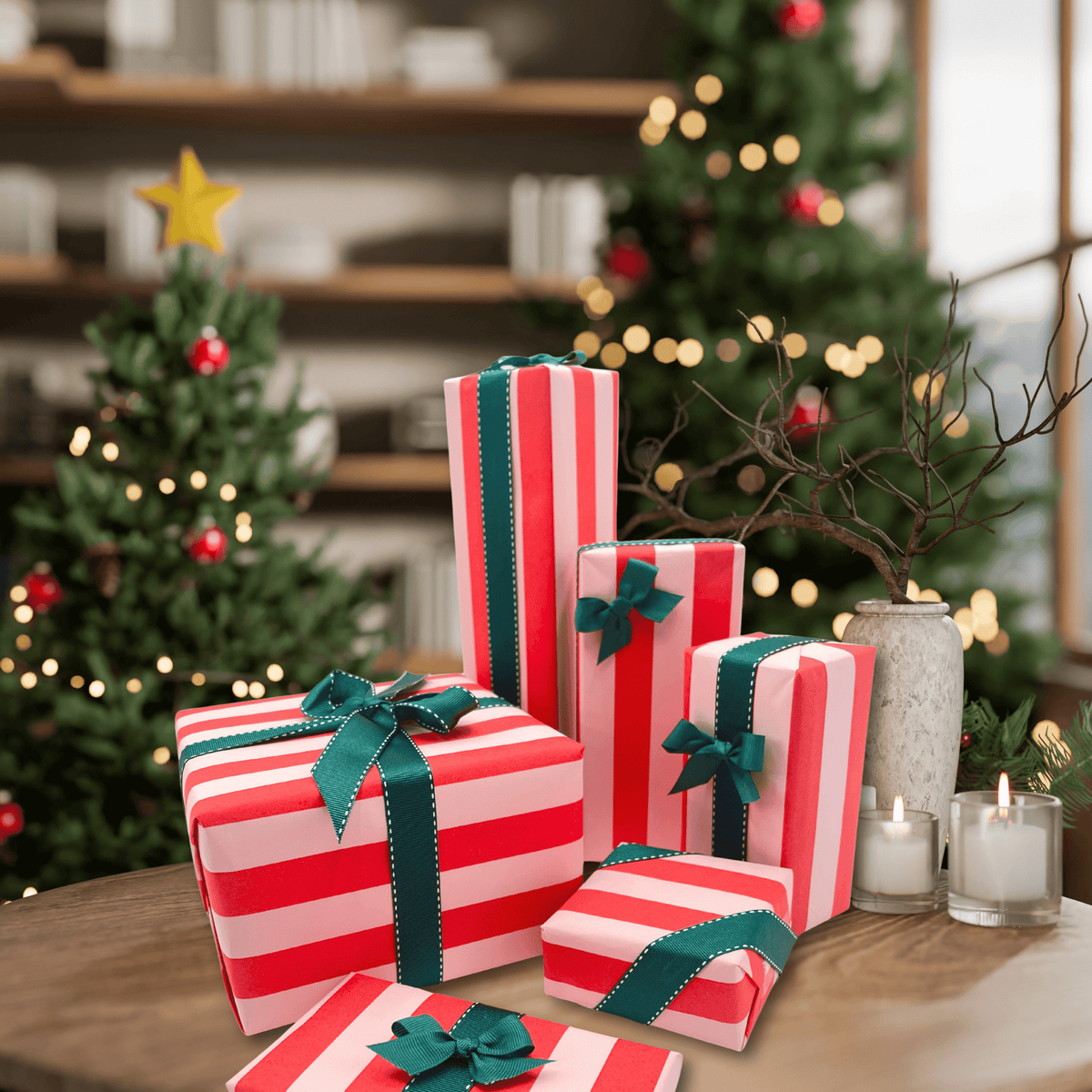 Pavilion Poppy red and pink striped Christmas wrapping paper on presents finished with dark green ribbon beside a decorated Christmas tree