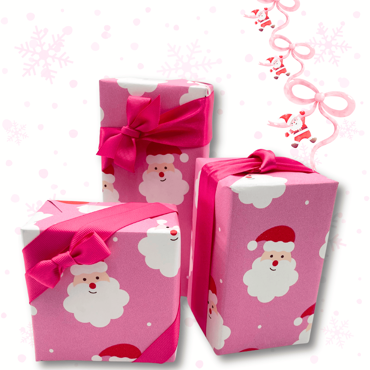 Three pink Christmas gift boxes with Santa Claus and white cloud wrapping paper, tied with bright pink satin ribbons, on a white background with faint snowflakes and decorative bows.
