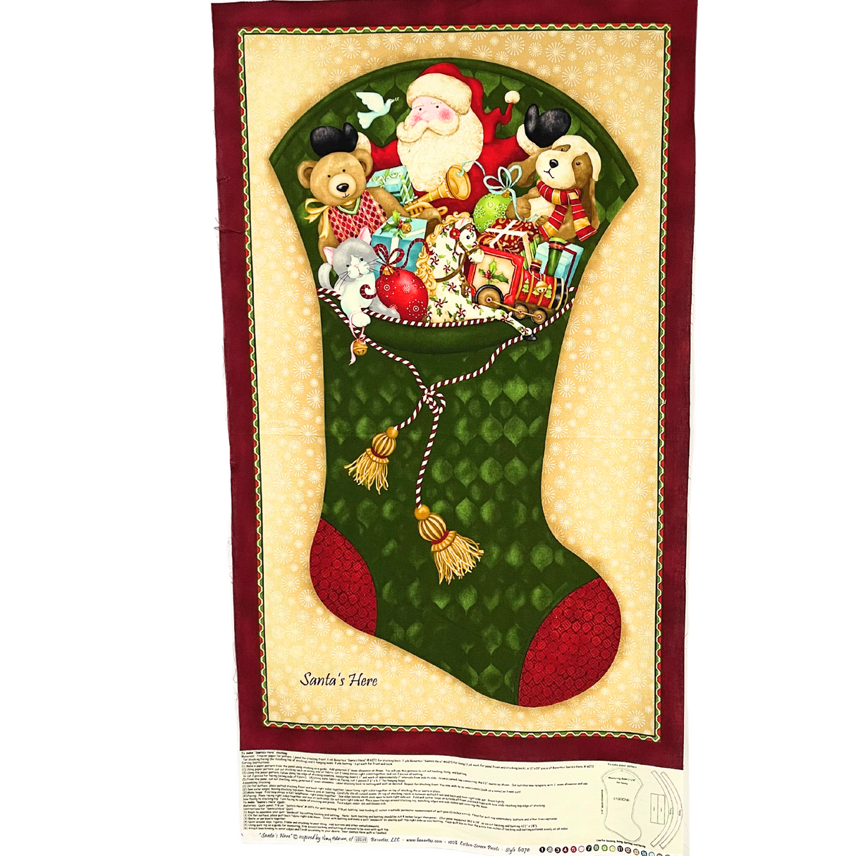 Santa’s Here Green Fabric Panel, Christmas Stocking by Benartex BT6070.45