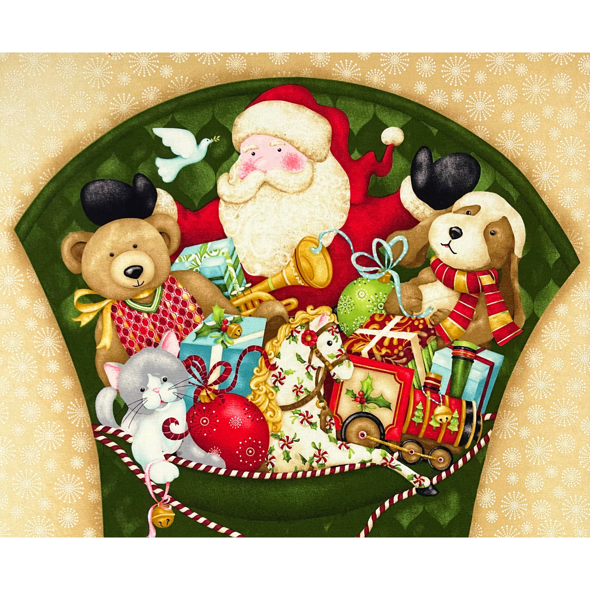 Santa’s Here Green Fabric Panel, Christmas Stocking by Benartex BT6070.45