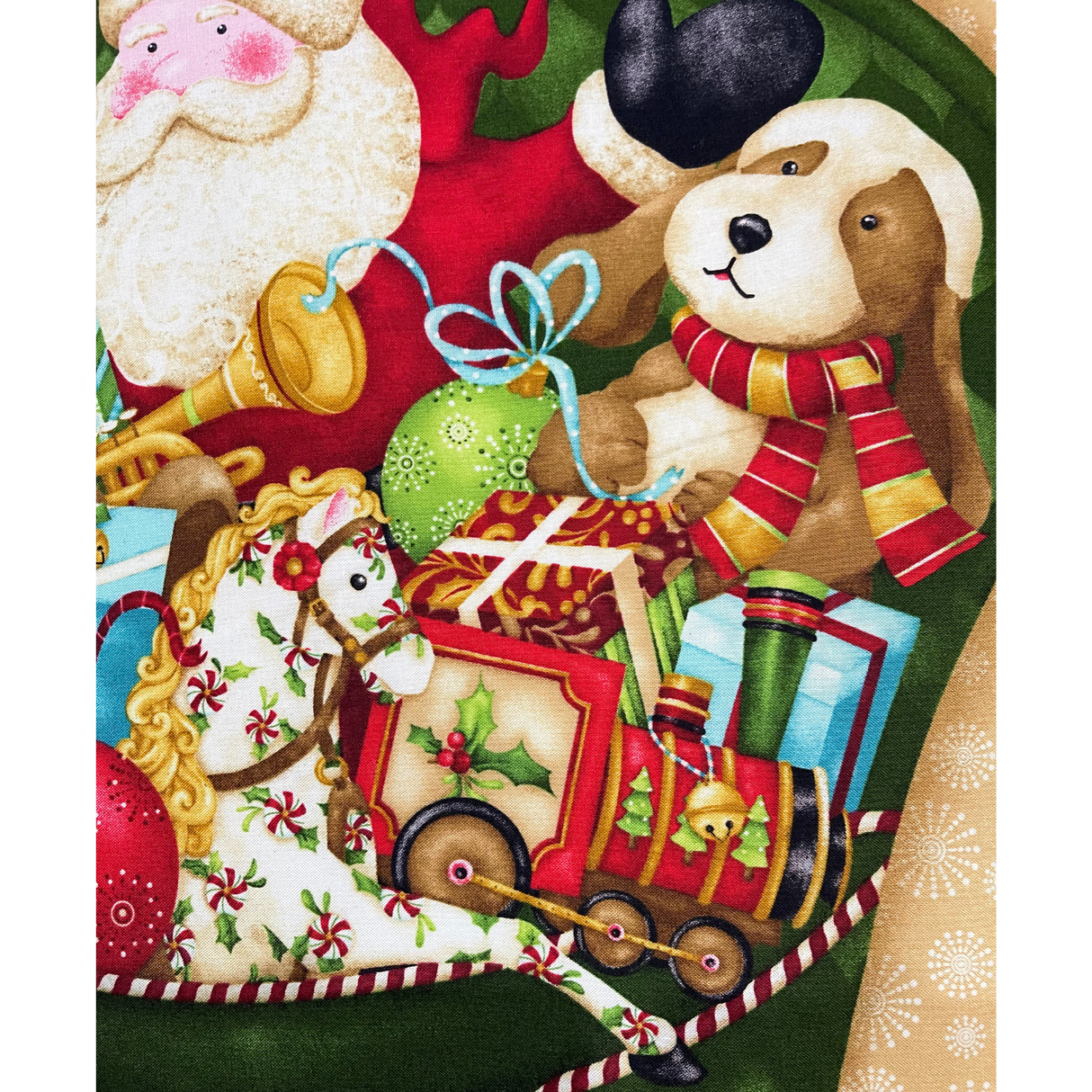 Santa’s Here Green Fabric Panel, Christmas Stocking by Benartex BT6070.45