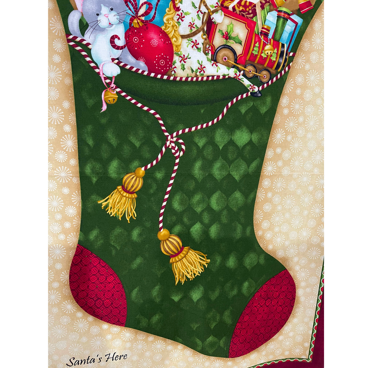 Santa’s Here Green Fabric Panel, Christmas Stocking by Benartex BT6070.45