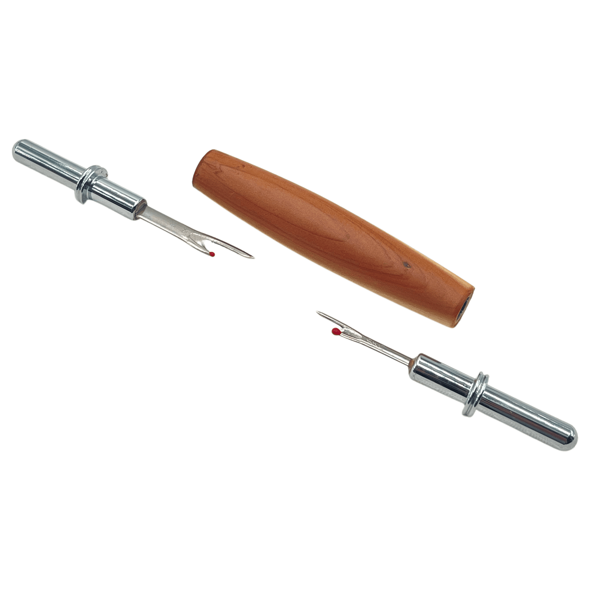 Handcrafted wooden seam ripper showing interchangeable blade components