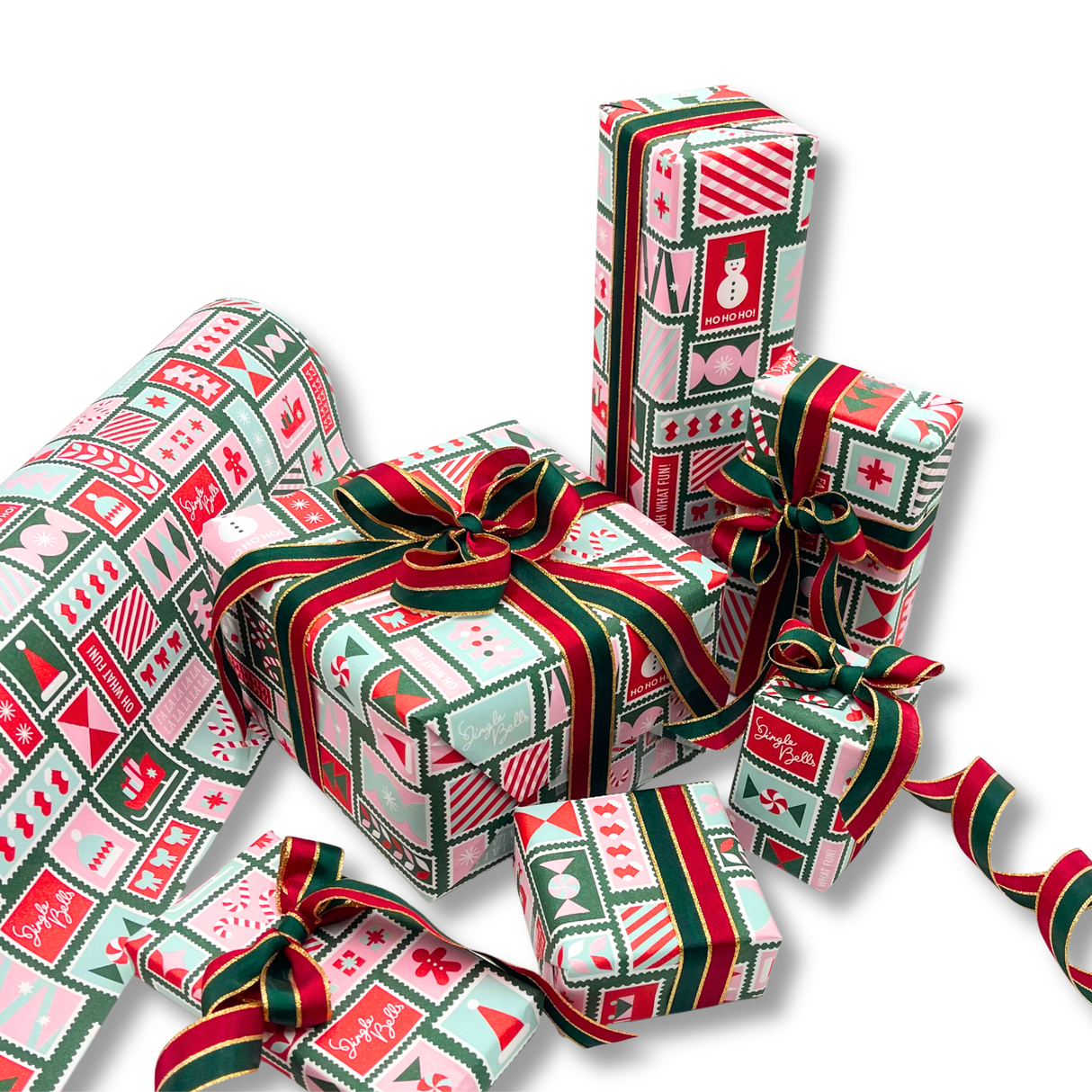 Poppy Pink Stamps Gift Wrapping Paper – 80gsm, 60cm Wide | Festive Christmas Wrap