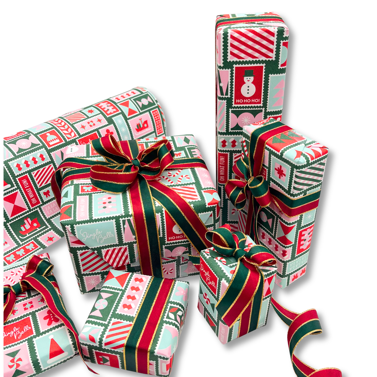 Poppy Pink Stamps Gift Wrapping Paper – 80gsm, 60cm Wide | Festive Christmas Wrap