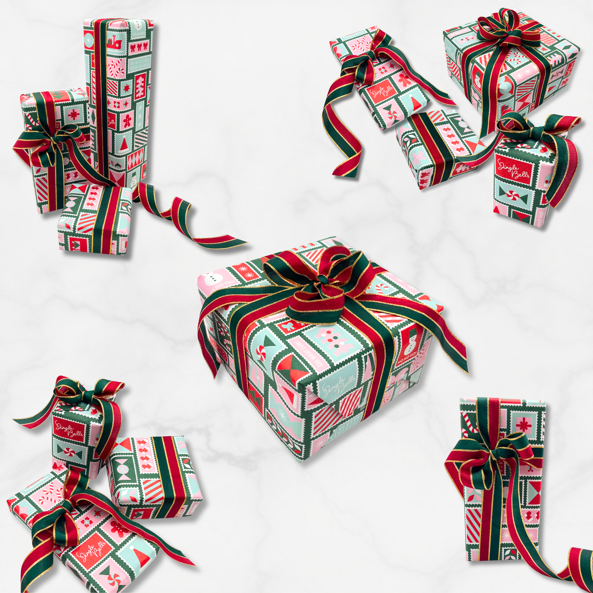 Poppy Pink Stamps Gift Wrapping Paper – 80gsm, 60cm Wide | Festive Christmas Wrap