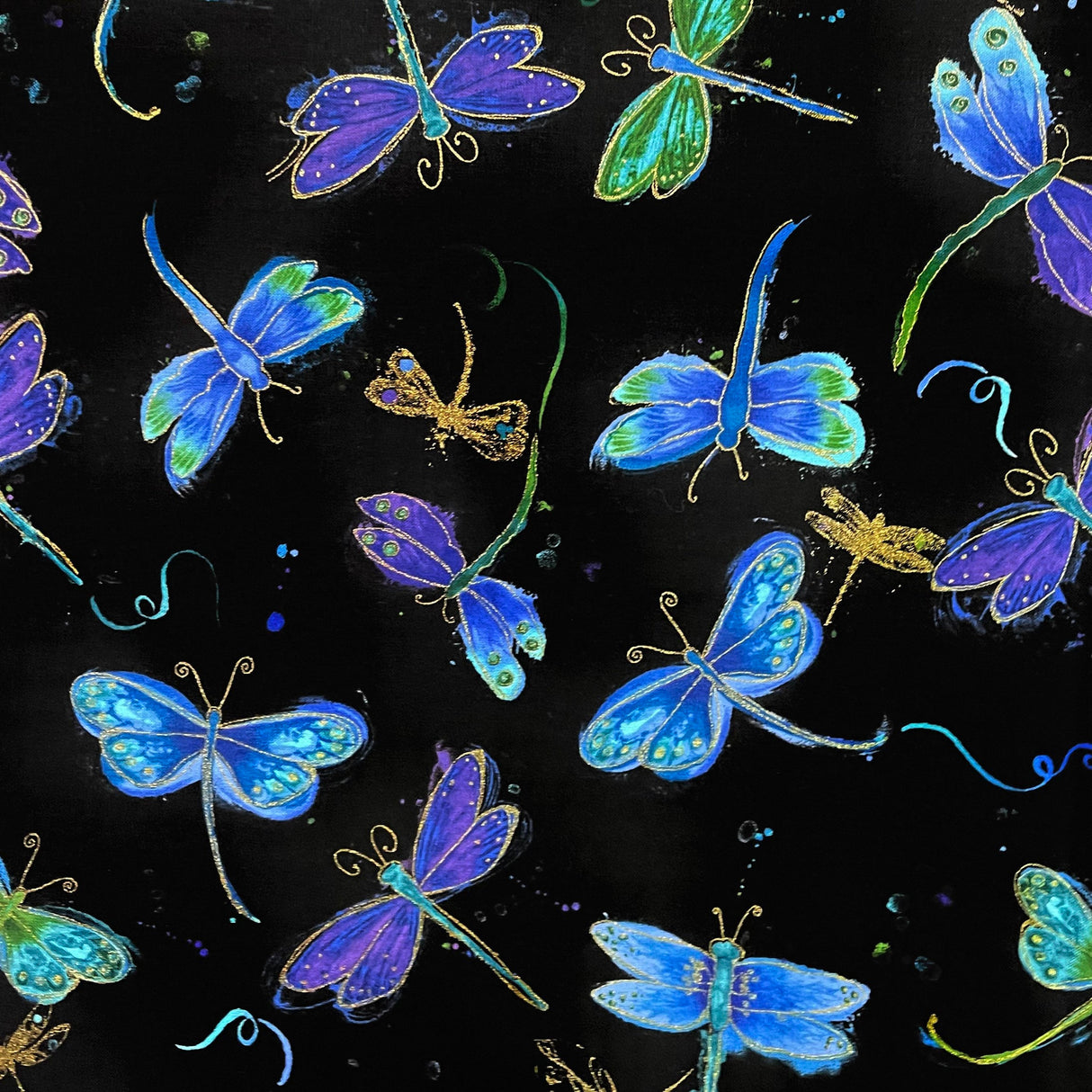 Fly by Night Dancing Dragonflies Tossed metallic cotton Fabric, Chong-a hwang CM6096