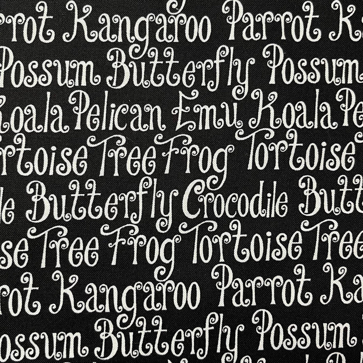 Animal Words Fabric, Possum, Crocodile, Koala, Kangaroo Aussie Mates by Henry Glass