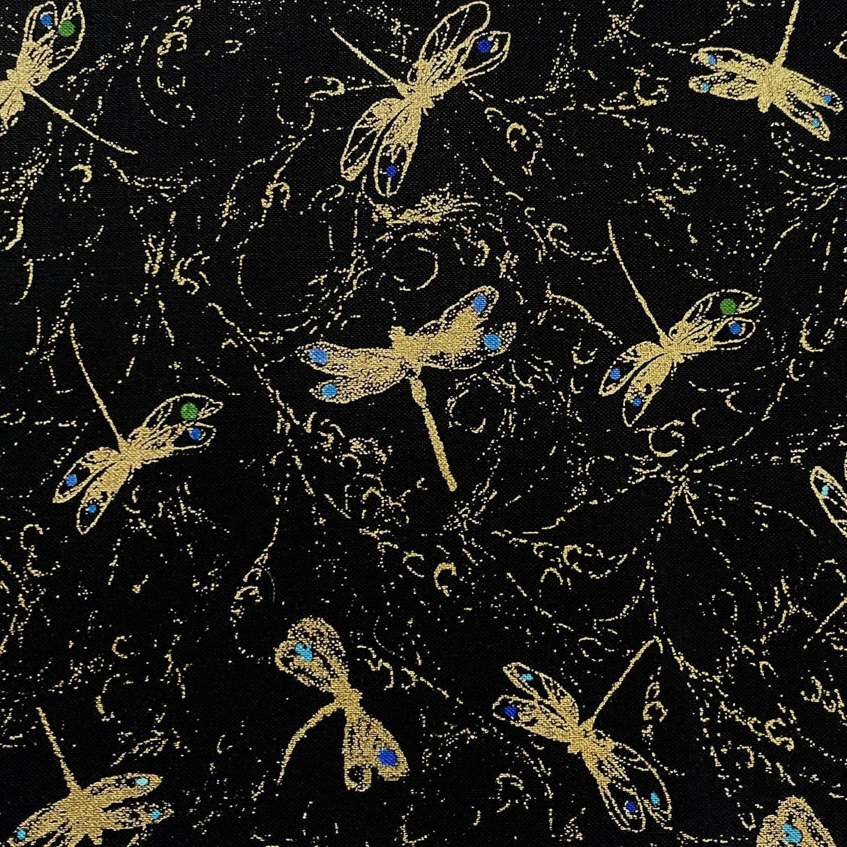 Dragonflies fabric Fly by Night Mini Black Gold metallic Timeless Treasures Fabric CM6097-Black Cotton, Quilting, Craft, fabric
