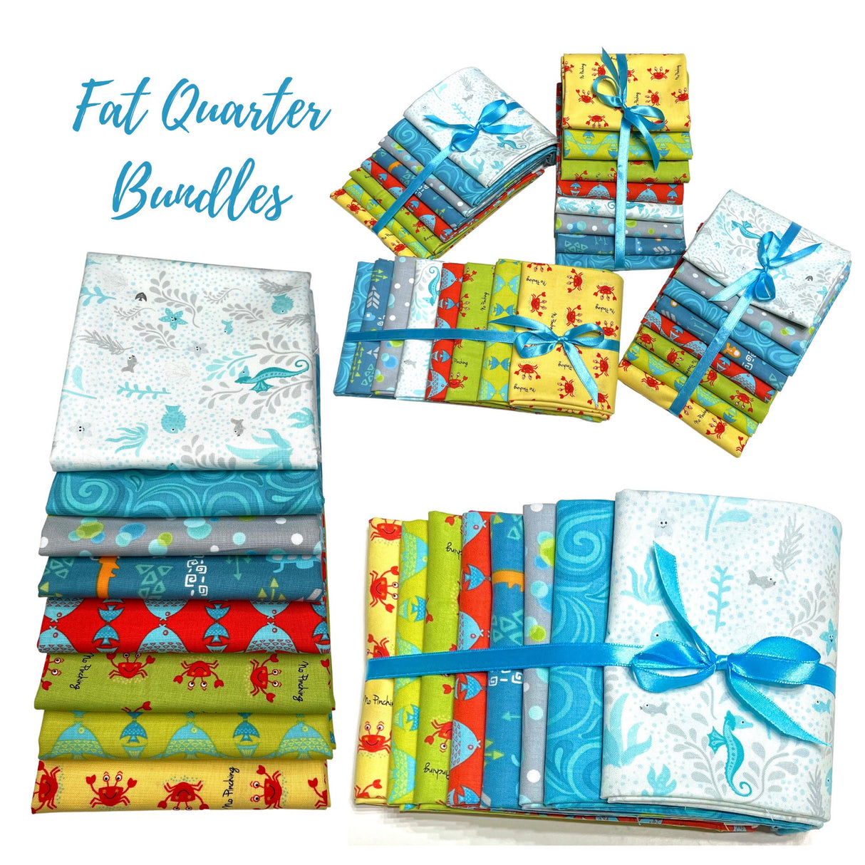 Fat Quarter Sea life, seahorses, waves, crabs, fish Fabric Bundle of 8FQ cotton fabric