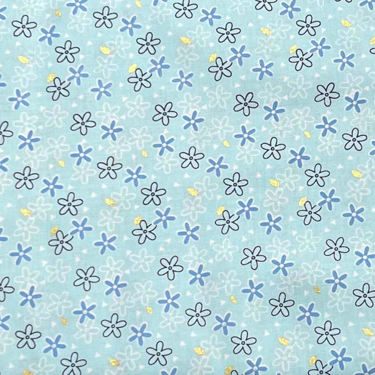 Glitter Daisy fabric, blue, gold metallic accents, Cotton Floral fabric,Michael Miller MM-7854.Mist