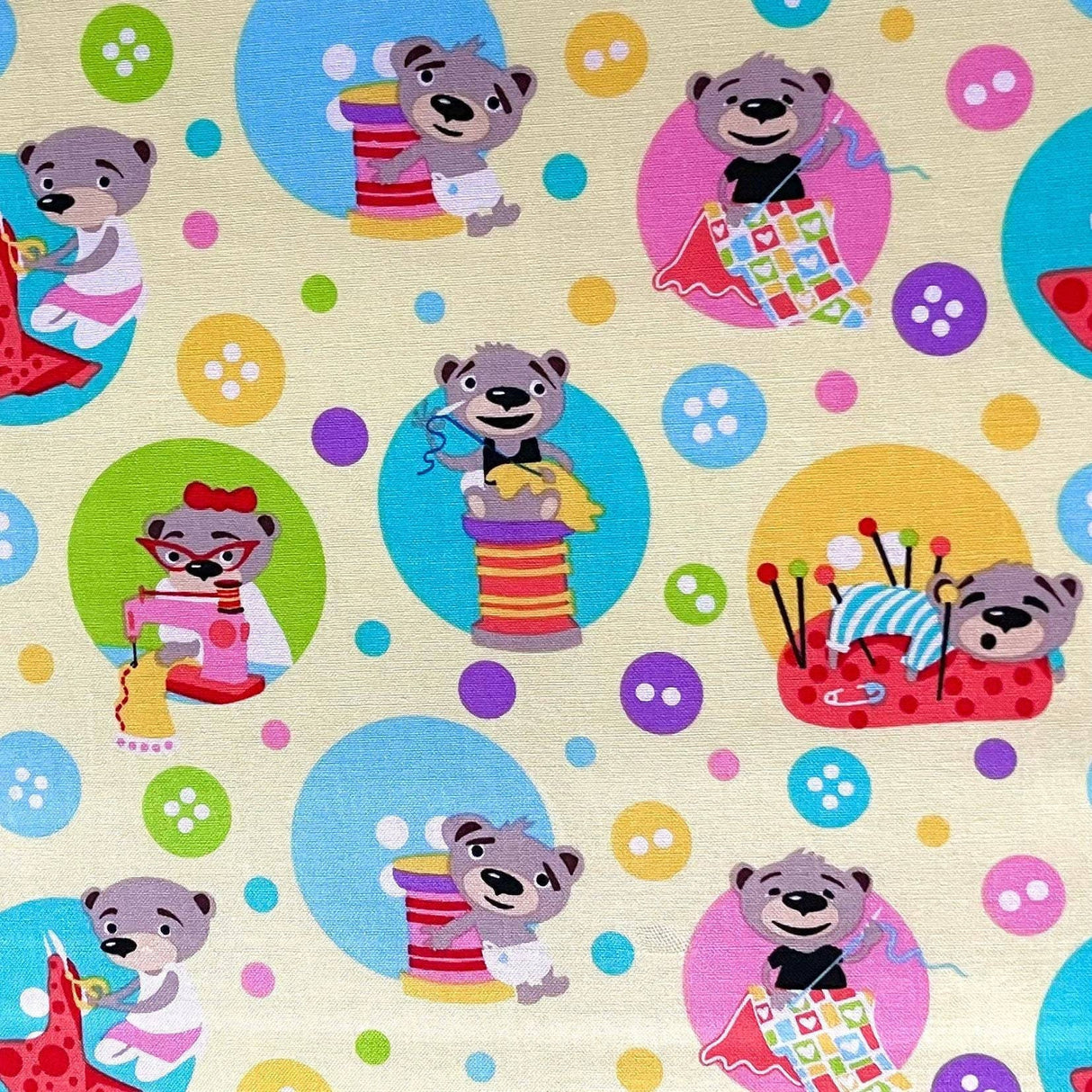 Sewing Bears Yellow, Cotton Quilting Fabric by Miller Fabrics MM6692.Yellow