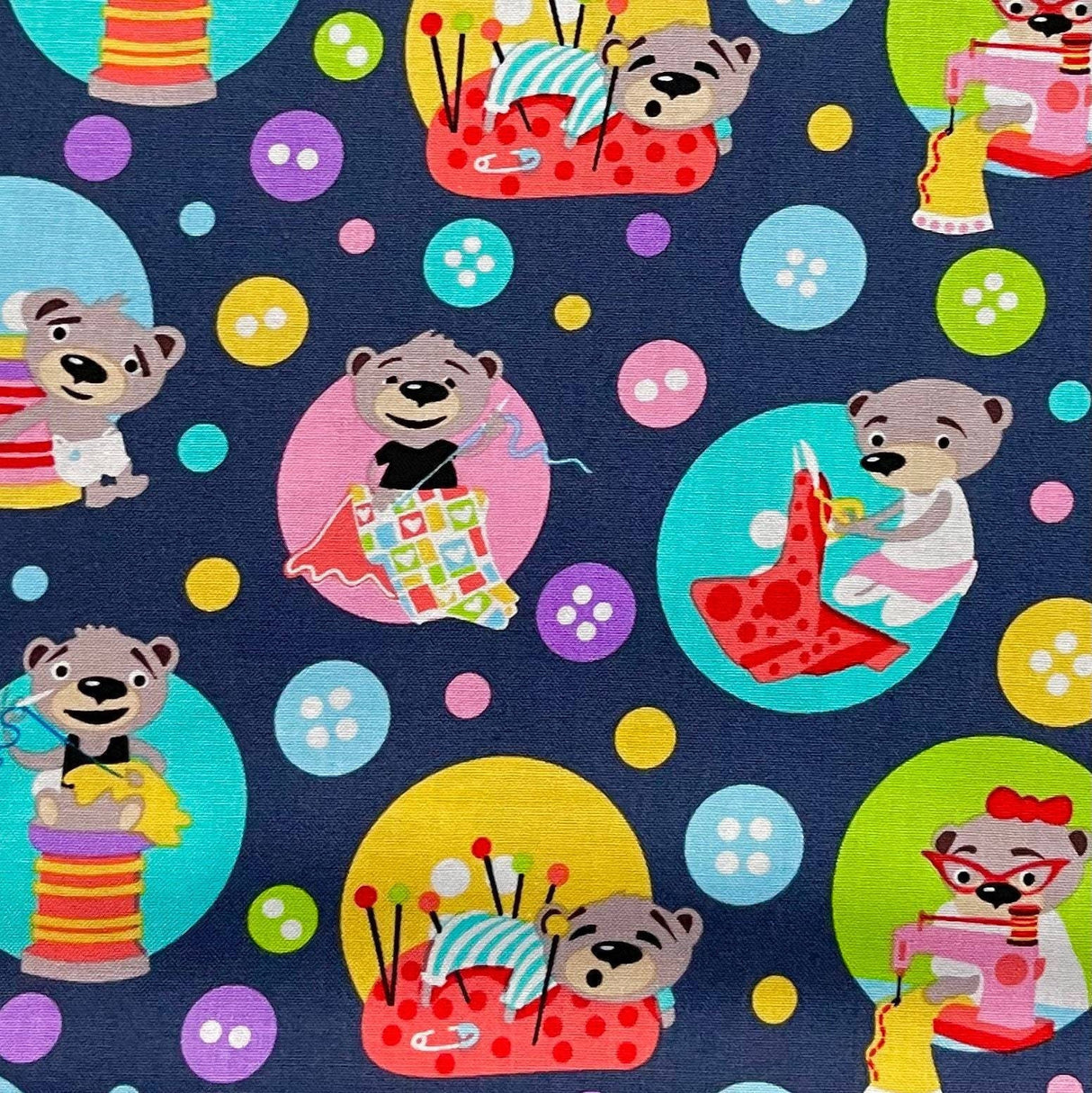 Sewing Bears, Cotton Quilting Fabric by Michael Miller MM6692.Gray