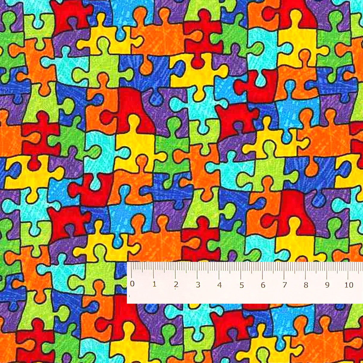 Puzzle fabric Autism Awareness fabric Rainbow multi coloured jigsaw puzzle Timeless Treasures