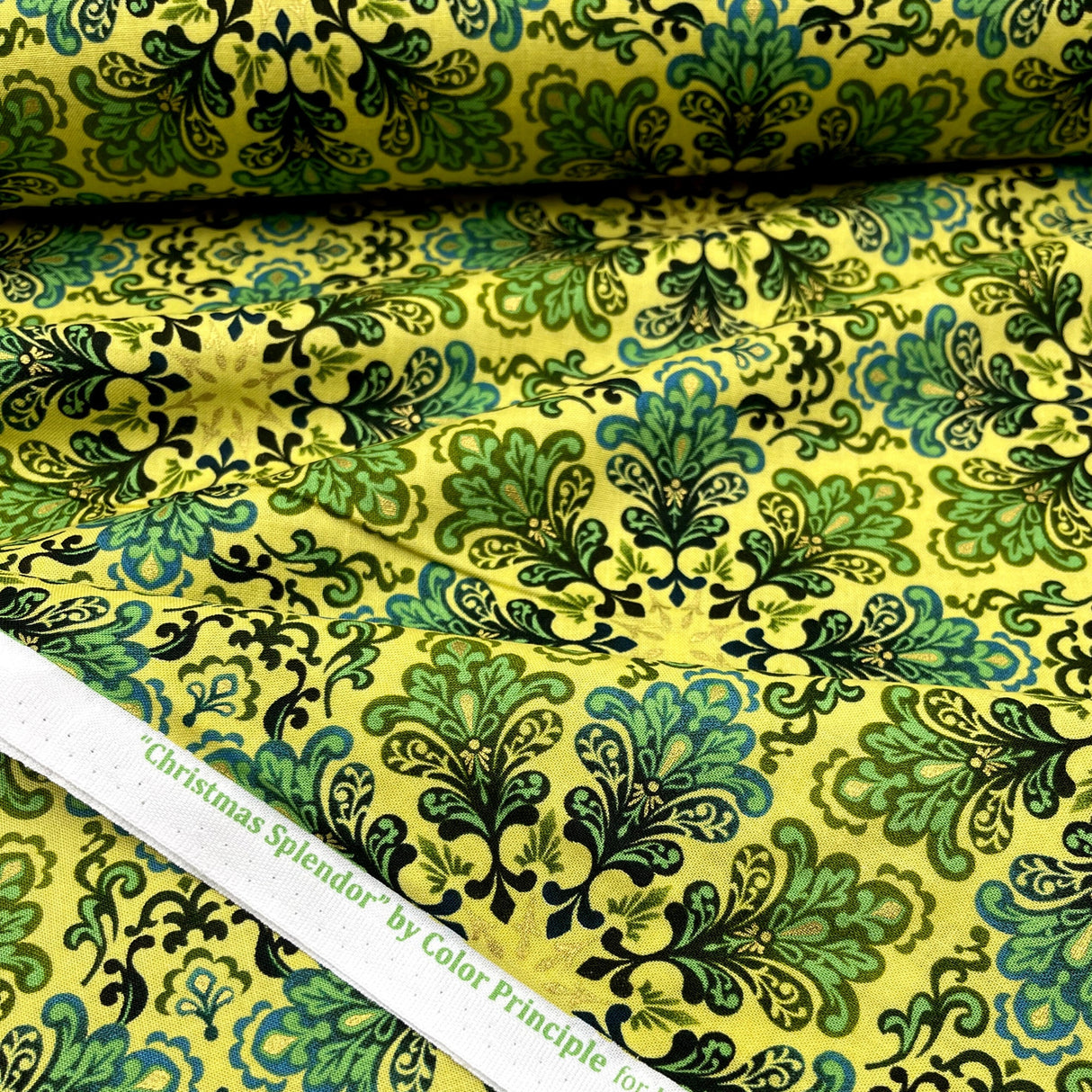 Snowflakes Fabric Christmas Splendor Medallions Gold, Green Yellow Cotton Quilting fabric Henry Glass HG8320M-66