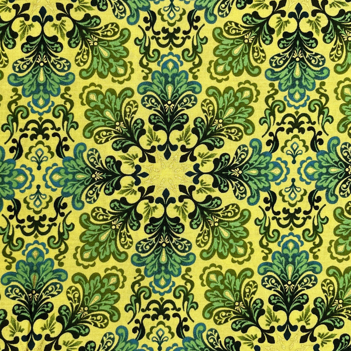 Snowflakes Fabric Christmas Splendor Medallions Gold, Green Yellow Cotton Quilting fabric Henry Glass HG8320M-66