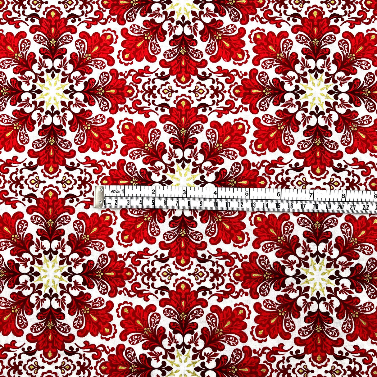 Snowflakes Fabric Christmas Splendor Medallions Gold accents, Red, White Cotton Quilting fabric Henry Glass HG8320M-44