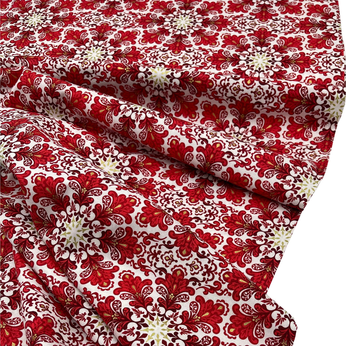 Snowflakes Fabric Christmas Splendor Medallions Gold accents, Red, White Cotton Quilting fabric Henry Glass HG8320M-44