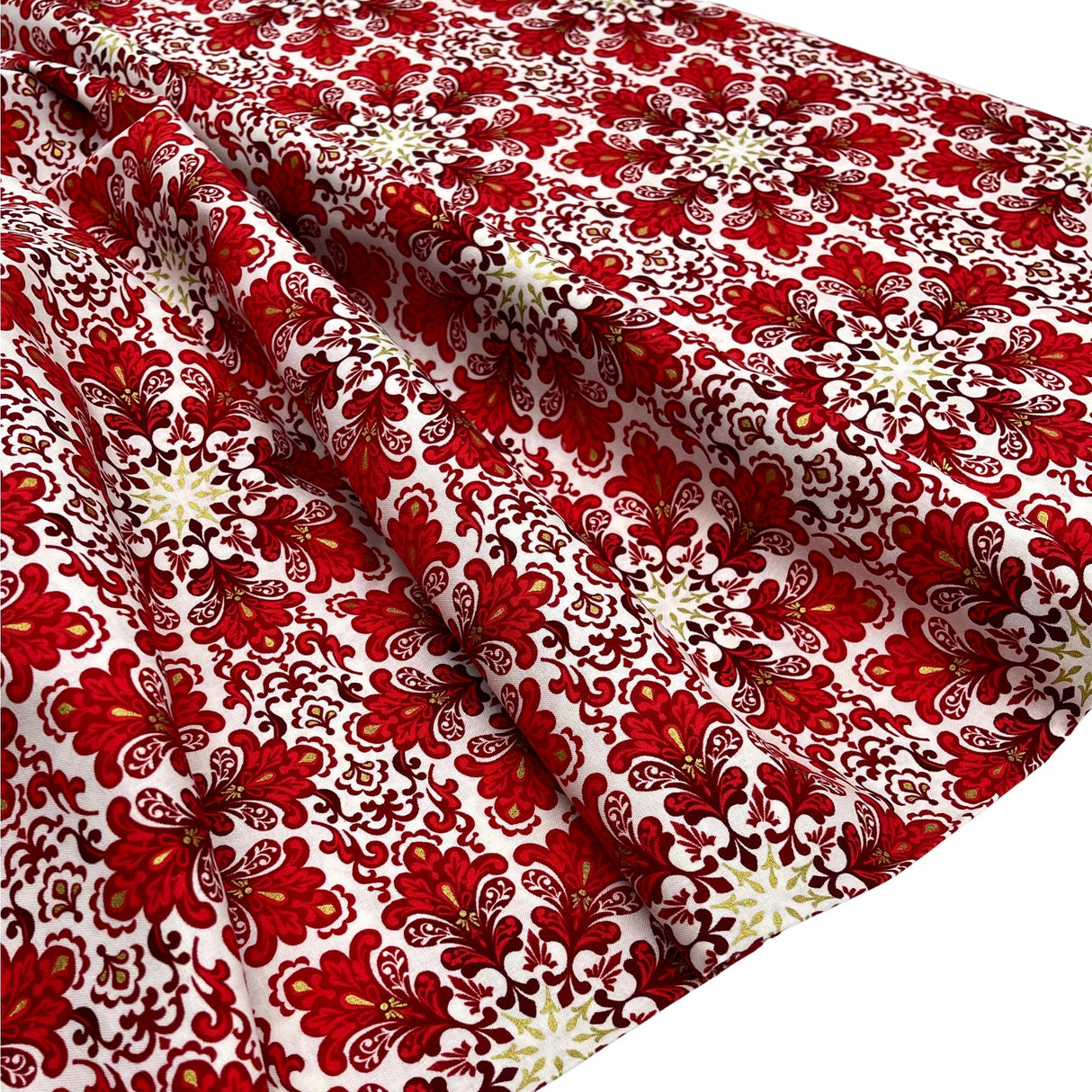 Snowflakes Fabric Christmas Splendor Medallions Gold accents, Red, White Cotton Quilting fabric Henry Glass HG8320M-44