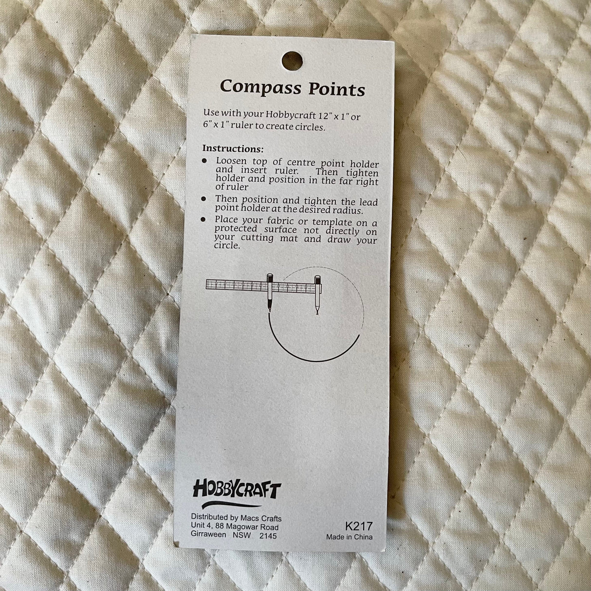 Quilters Compass Points, for creating circles in fabric, quilting tools, craft accessories